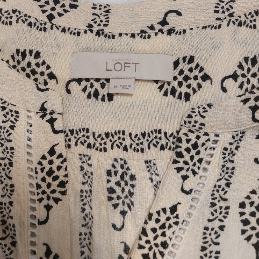 Loft Cream and Black Long Sleeve Half Button Down Boho Sheath Dress - Picture 4 of 15